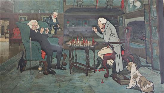 Cecil Aldin (1870-1935) Interiors with gentlemen playing cards and chess